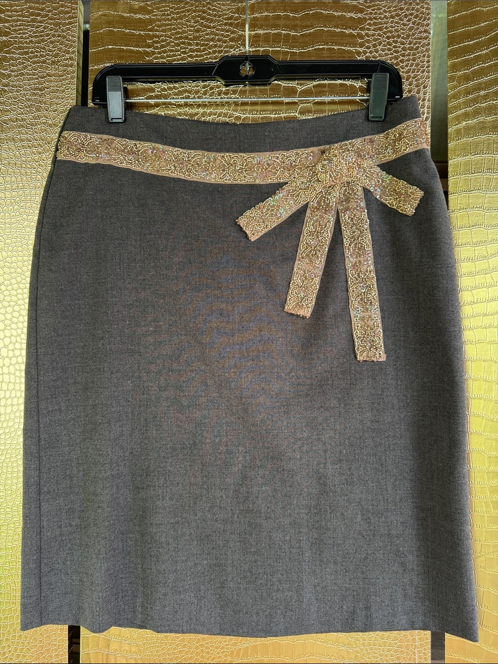 Ruth Embellished Bow-Trim Gray Pencil Skirt